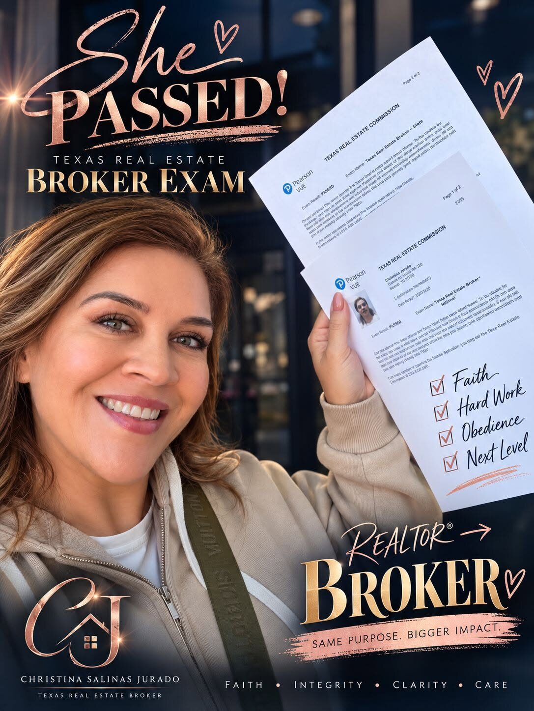 Christina holding her passing results from the Texas real estate broker exam